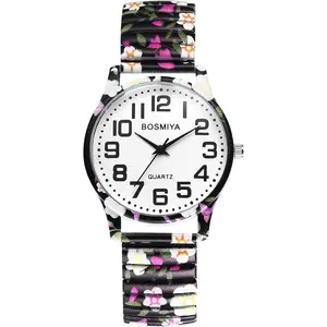 Stretch Band Watches for Women: Bohemia Flower Easy Reader Elastic Band Watch Large  Big Number Analog Quartz Bracelet Watch Expansion Band Wristwatch