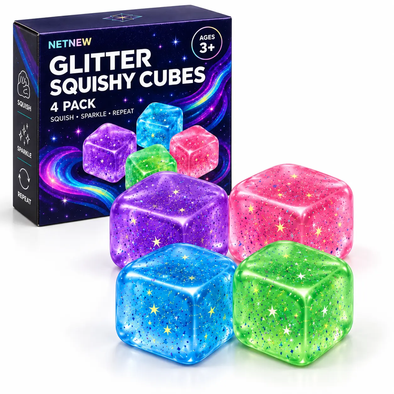 Glitter Squishy Cubes, 4 Pack Colorful Sensory Squeeze Fidget Toys in Purple, Blue, Green and Pink