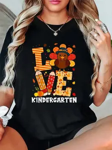 100% cotton Thanksgiving Love Kindergarten Teacher Turkey Autumn Fall fall clothes for women Loose Top