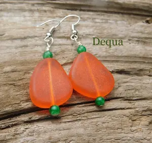 Dequa Orange Sea Glass Earrings - 7/8" Long x 5/8" Wide, Silver-Plated Hypoallergenic Ear Wires, Handmade Frosted Orange Sea Glass with Emerald-Green Beads, Perfect for Everyday Wear or Special Occasions