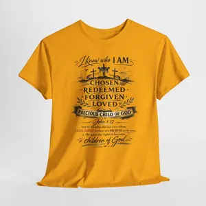 Christian Faith T-Shirt – “I Know Who I Am” Chosen, Redeemed, Forgiven Design