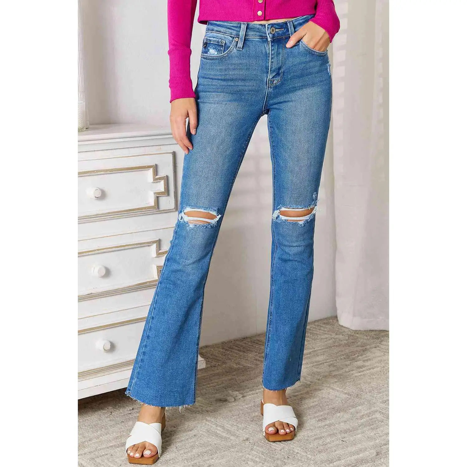 Kancan Full Size Distressed Raw Hem Bootcut Jeans