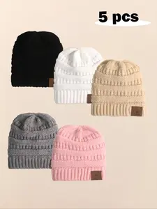 5pcs Baby Boys & Girls Newborn Toddler Pom-Pom Beanie, Cozy Knit Winter Warm Heart Design, Cute Babies Beanies Bonnet Hats for Kids, Soft Dome Cap