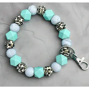 Blue Leopard Print Wristlet  | Silicone Bead Wristlet | Bracelet Keychain | Beaded Keychain | Christmas Gift | Birthday Gift | Key Ring