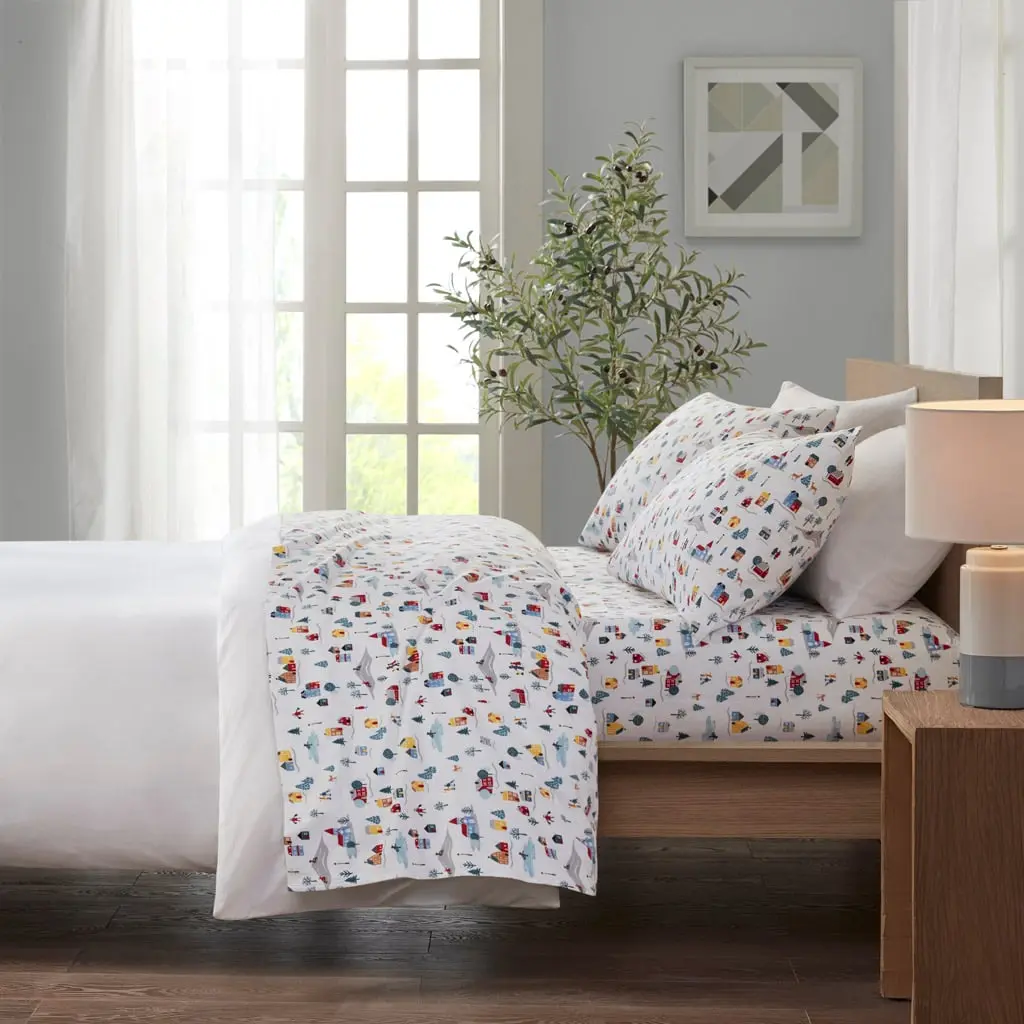 360 Stand Twin Extra Large Bedroom Bedding Set, 66x102x0.13 in. Cozy Cotton Flannel Printed Bedsheet Set, White Village Print (TN20-0564), Bedsheet Sets