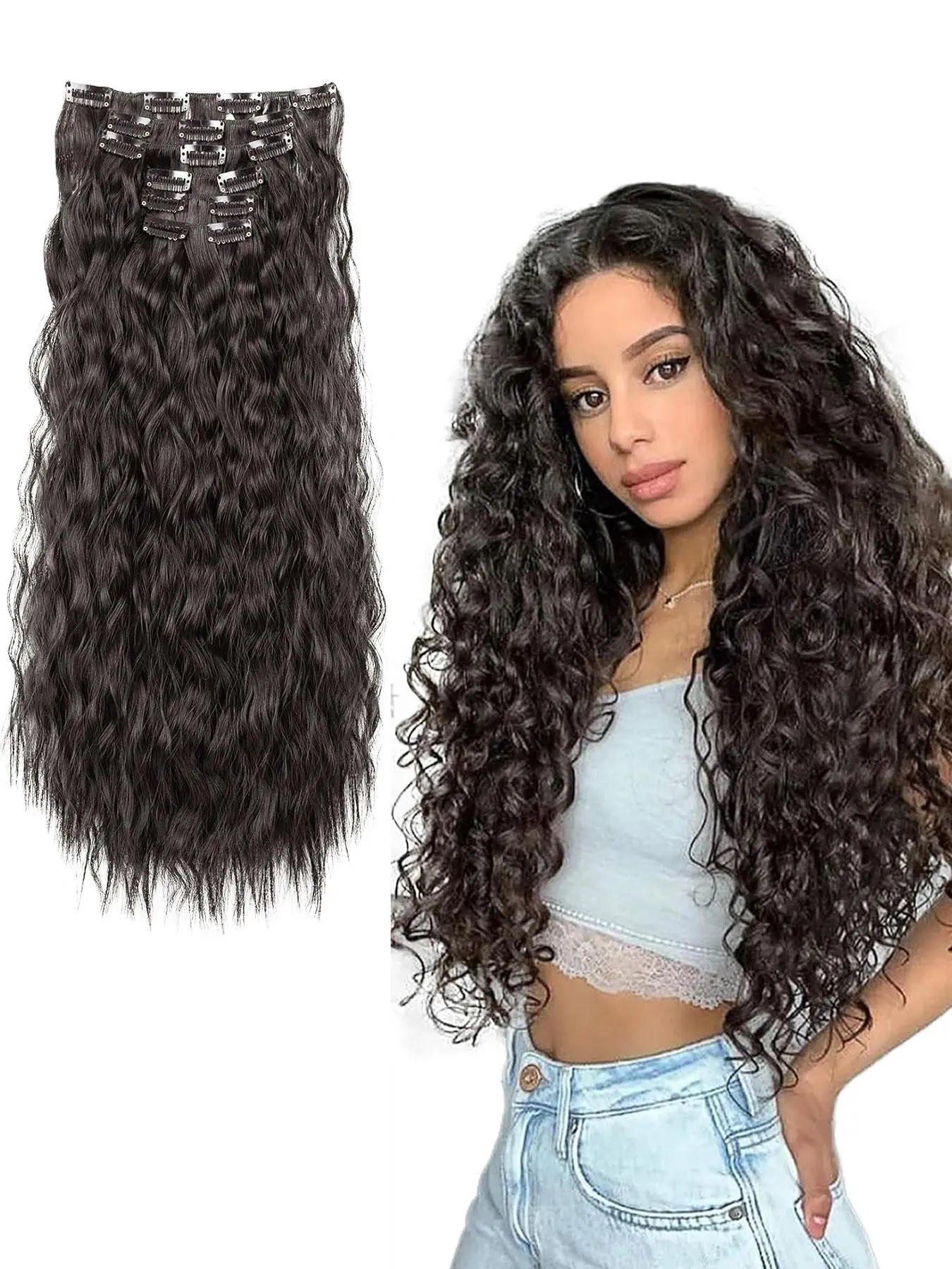 6PCS Glueless Clip in Hair Extensions 22" Synthetic Long Curly Wavy Hair Pieces Black Hair Extensions Natural Black Color Thick Deep Wave Hairpieces Curly Clip Ins