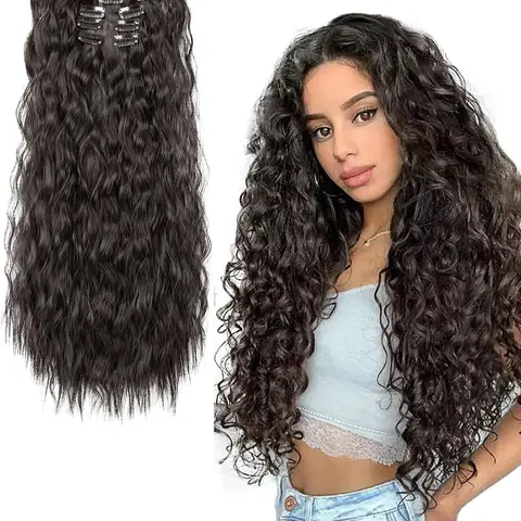 6PCS Glueless Clip in Hair Extensions 22" Synthetic Long Curly Wavy Hair Pieces Black Hair Extensions Natural Black Color Thick Deep Wave Hairpieces Curly Clip Ins
