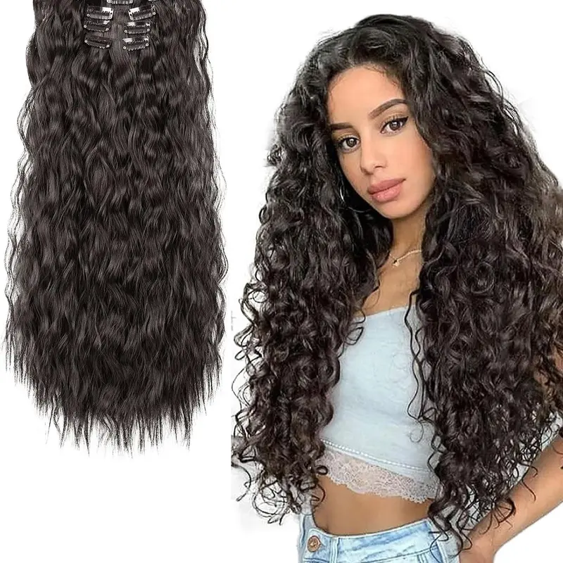 6PCS Glueless Clip in Hair Extensions 22" Synthetic Long Curly Wavy Hair Pieces Black Hair Extensions Natural Black Color Thick Deep Wave Hairpieces Curly Clip Ins