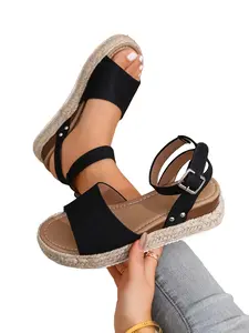 Women's Solid Color Summer Casual Comfortable Buckle Design Sandals, Lightweight Flat Shoes, Everyday Wear, Espadrille Platform Wedge Heels