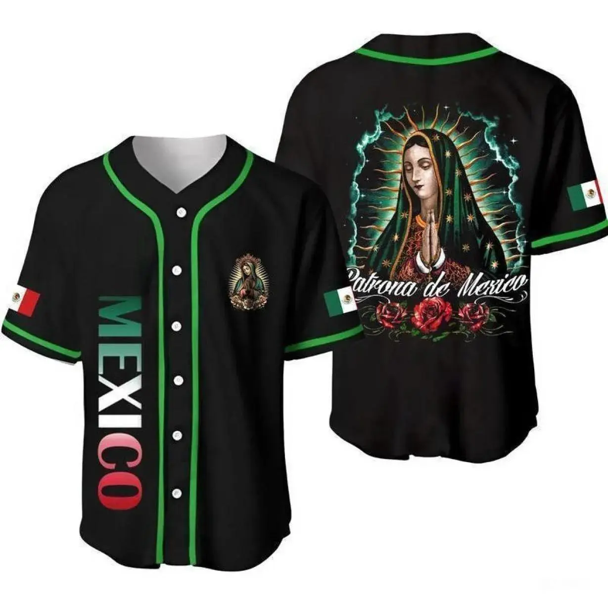 Lady of Guadalupe Baseball Jersey – All Black Mexican Faith Inspired Button Up Shirt, Lightweight Streetwear Sports Jersey