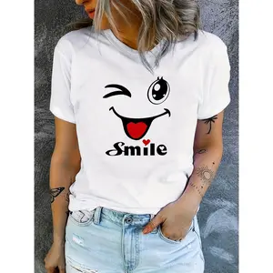 Smiley Face Image Print Short Sleeve Round Neck T-Shirt, Casual Fashion Short Sleeve T-Shirt, Slightly Elastic, Non-Transparent, Easy Care Material, Ideal For Daily Wear, Women'S T-Shirt [Directional] [Y2K]