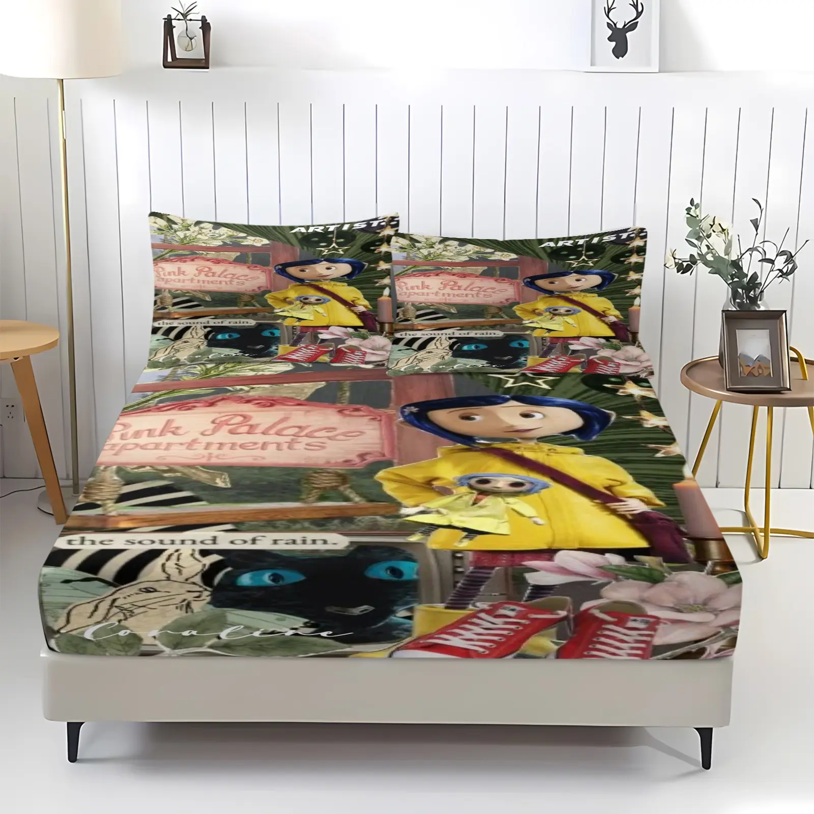 3-piece set of Coraline Ghost Mom patterned bed sheets, Decorative Bedsheet Sets, including 1 bed sheet and 2 pillowcases, with anti slip and dust covers suitable for bedrooms and as a moving or holiday gift