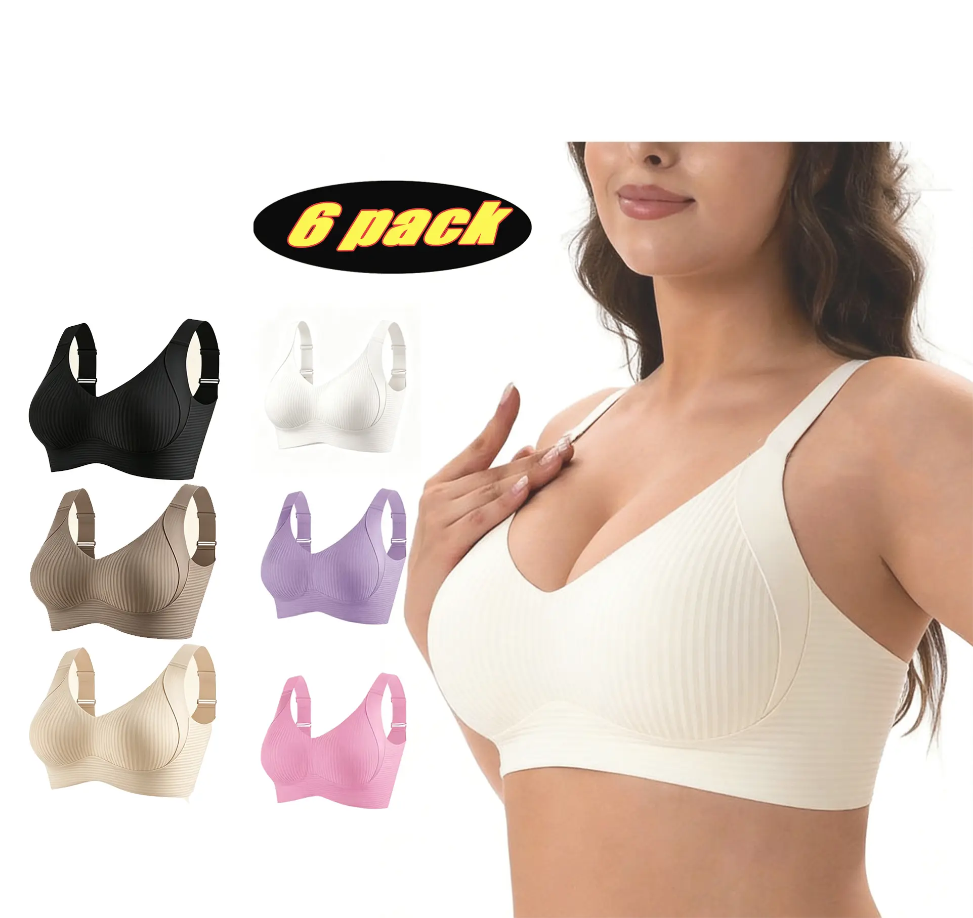 Women's 6-Pack Cohesive Wireless Seamless Sports Bras - Solid, Soft, Breathable, Non-Removable Pads, Sports Bra for Women for Summer Everyday Wear