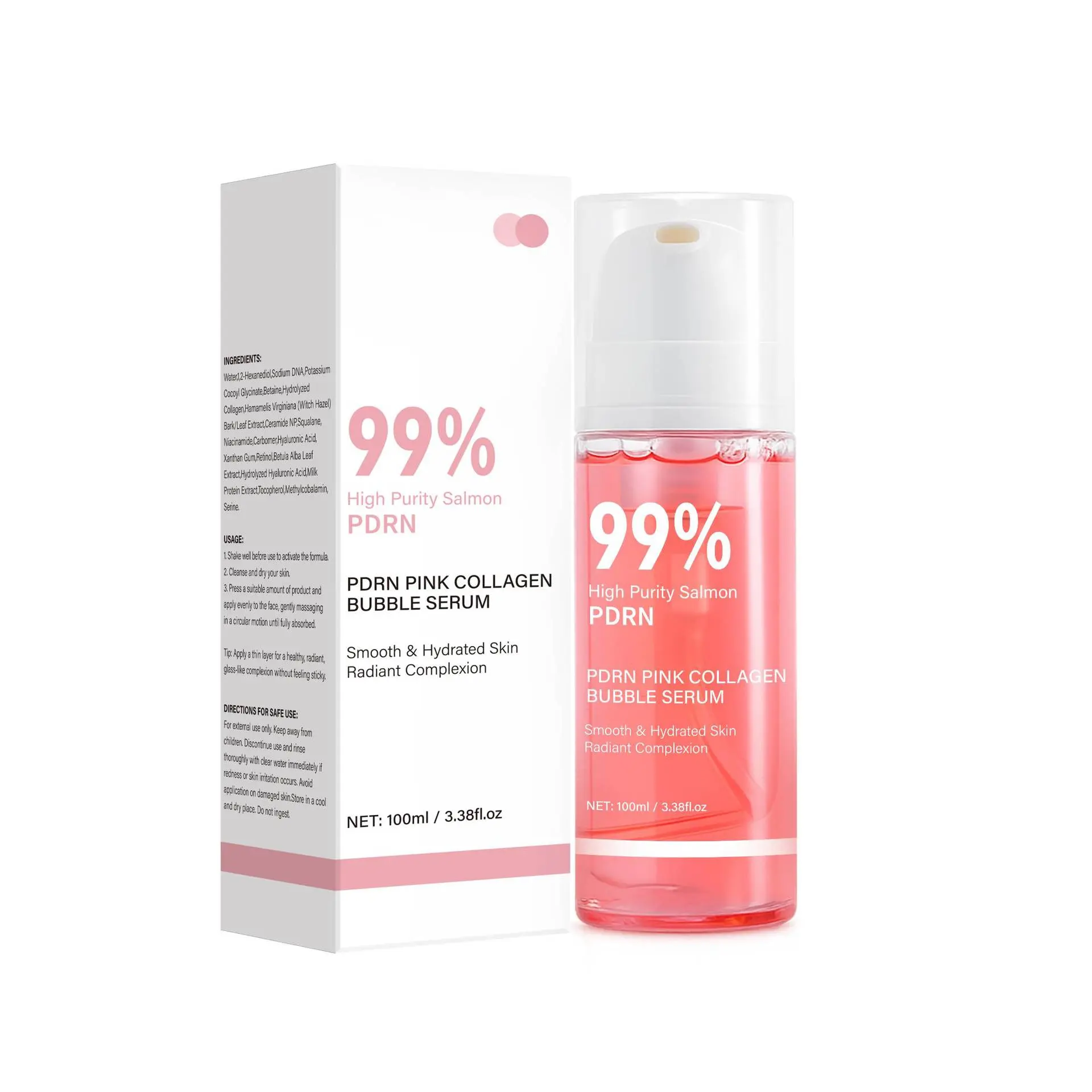 PDRN Pink Collagen Bubble Serum - 99% Salmon DNA, Retinol, Niacinamide, Ceramides - 3.38 fl oz Skincare Essence for Radiant Skin