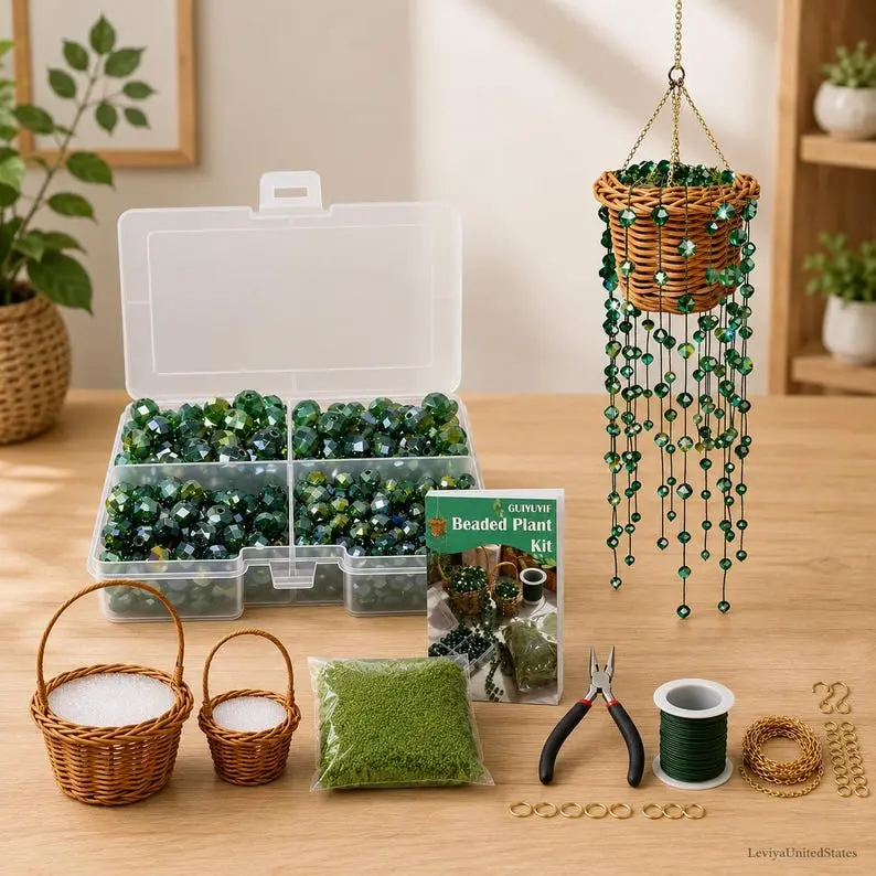 Green Glass Beads for Plant Making, Hanging Suncatchers Beading Kit for Jewelry Making DIY Craft Kit Plants Lover Gifts