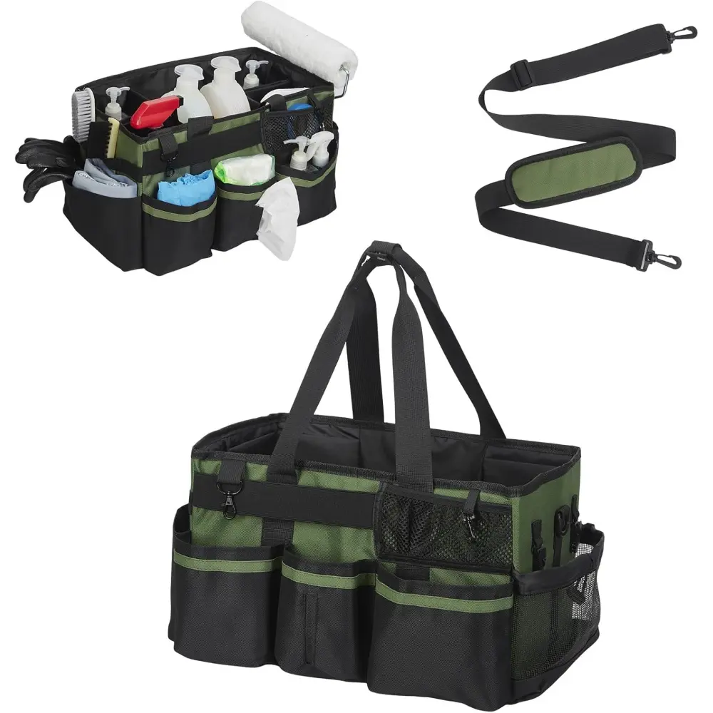 Extra Large Wearable Cleaning Caddy with Adjustable Shoulder Strap & Waist Belt, Heavy Duty Cleaning Supplies Organizer with Removable Divider, Waterproof Oxford Fabric Cleaning Tote