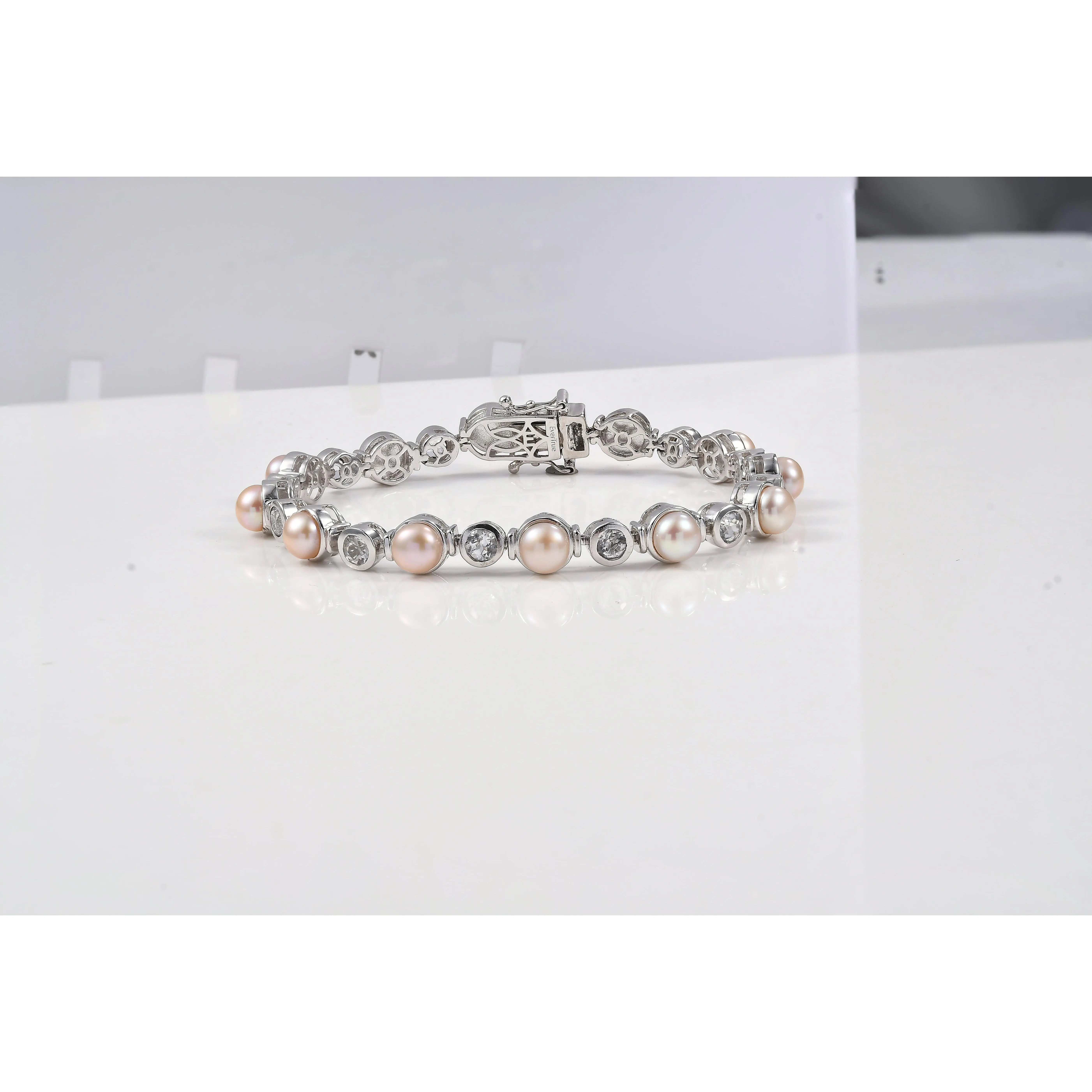 EverTrue Pink Freshwater Pearl, White Topaz Endless Pearl Harmony Bracelet in Platinum Bon (8.00 In) 22.91 ctw