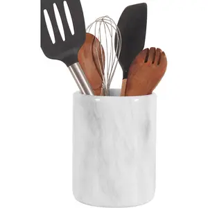 6.5 Inches White Handmade Marble Utensil Holder, Spoon Holder for Kitchen Counter, Ideal Kitchen Utensils Organizer, Cooking Utensil Storage for Farmhouse Kitchen Decor & Accessories