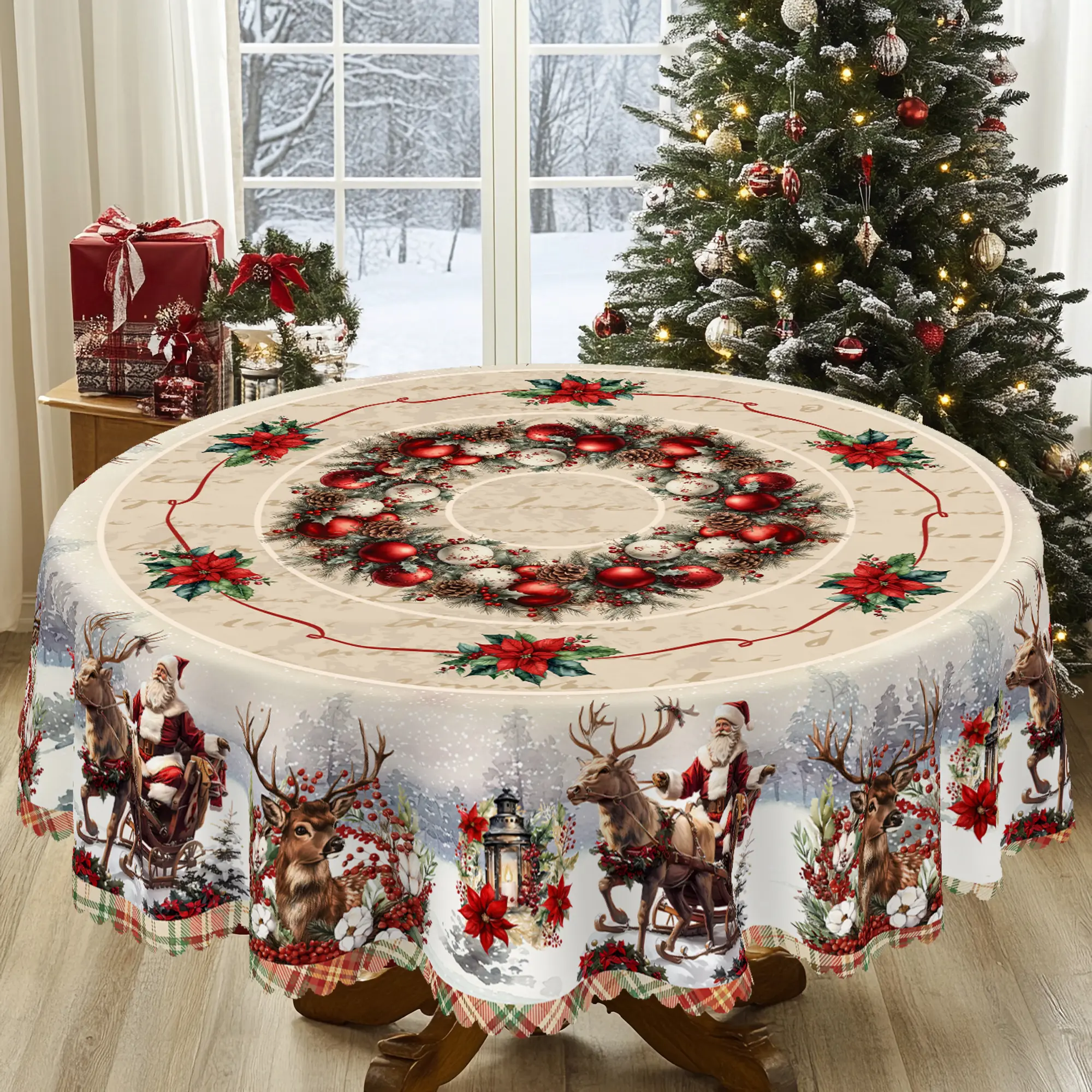 PLUMLIK Vintage Christmas Tablecloth with Santa Claus, Reindeer, Christmas Flowers Patterns, Christmas Decor 2025, Christmas Party Decoration for Indoor Outdoor, Farmhouse Round Rectangular Table Cloth, Holiday Home Kitchen Festive Decor, Christmas Gifts