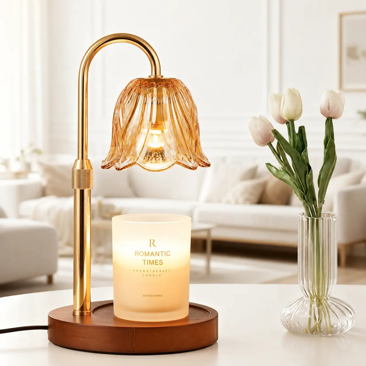 Candle Warmer Lamp, Gold Candle Lamp Warmer with Timer & Dimmer with 2 Bulbs, Birthday Gifts for Women Mom, Christmas Gifts, House Warming Gift New Home Bedroom Decor, Height Adjustable 3-level brightness Flower Box