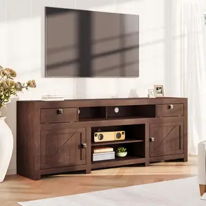 Farmhouse TV Stand for 75/80 Inch TVs, Long Entertainment Center with 4 Storage Drawers & 3 Open Shelf, Television Consoles Stands for Living Room, Bedroom
