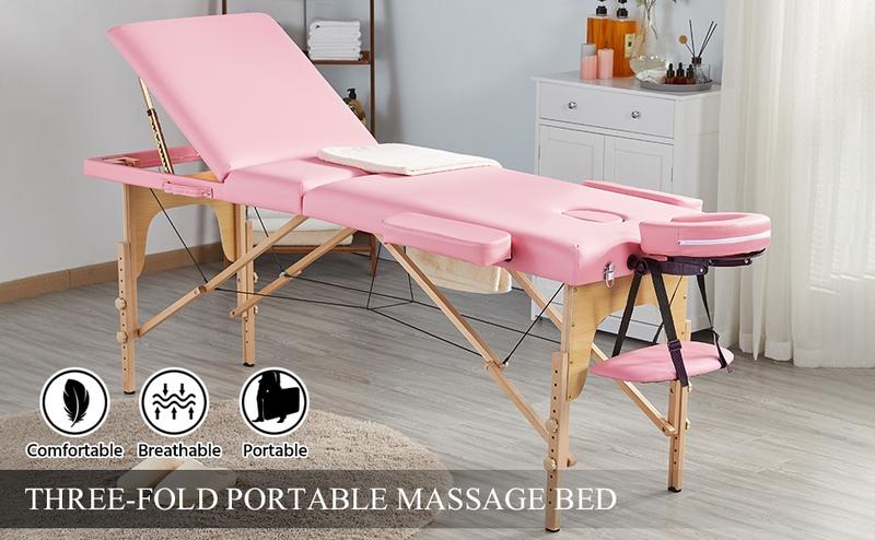 [All Pink]Yaheetech Adjustable Massage Bed with Headrest/Armrest/Hand Pallet, Portable Spa Table for Home Massage, Spa, Beauty Salon