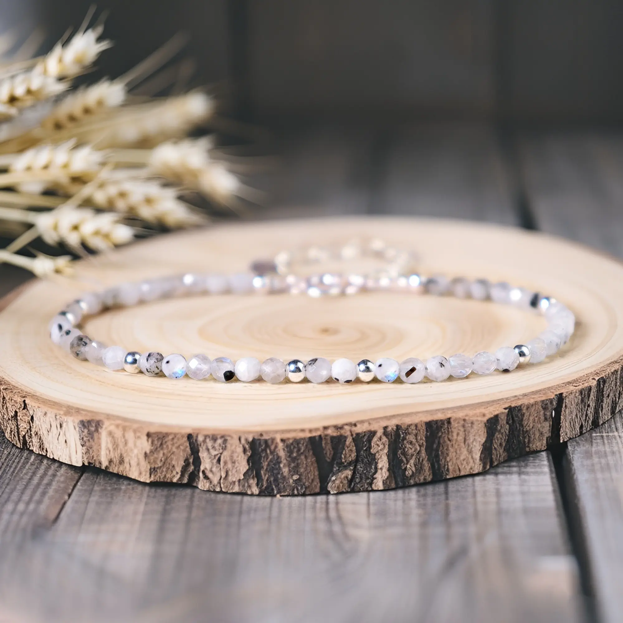 Women's Natural Dainty Rainbow Moonstone 3mm Tiny Beads Beaded Bracelet, Gold-Plated Chain, Minimalist Chakra Crystal Healing Jewelry Gift, Bracelets for Women