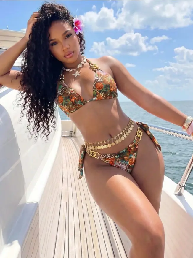 Women's 3-Piece Swimwear Set: Floral & Leopard Print Chain Halter Backless Mini Dress, Sexy Beach Holiday Outfit Vacation Summer