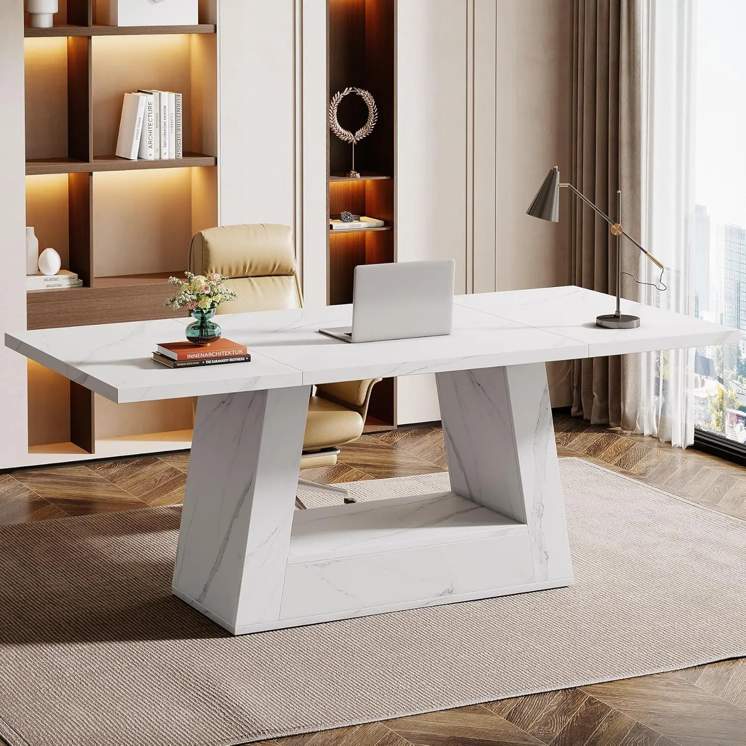 LITTLE TREE Modern Computer Desk, 63-Inch Large Office Desk Workstation, Simple Style Executive Desk Study Table with Sturdy Base, Wooden Faux Marble Writing Desk for Home Office