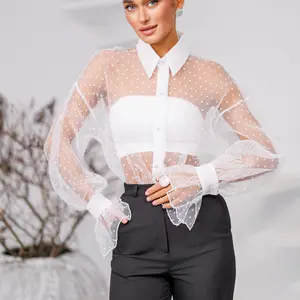 Liora White Sheer Organza Polka-Dot Blouse