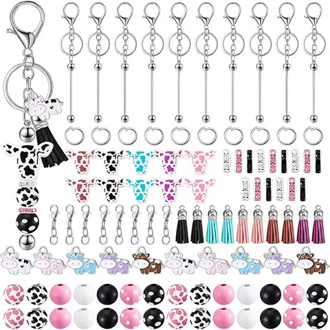 108pcs bead keychain set, including 10 keychains, 10 lobster chains, 28 round beads, 10 bull head beads, 10 tassels, 10 bull pendants, and 30 spacer beads DIY craft gifts Halloween gifts Christmas gifts
