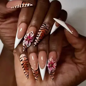 30pcs Long Almond Shape False Nails, Reusable Press-On Nail Set, French Sweet Cool Style, Includes Jelly Glue and Nail File