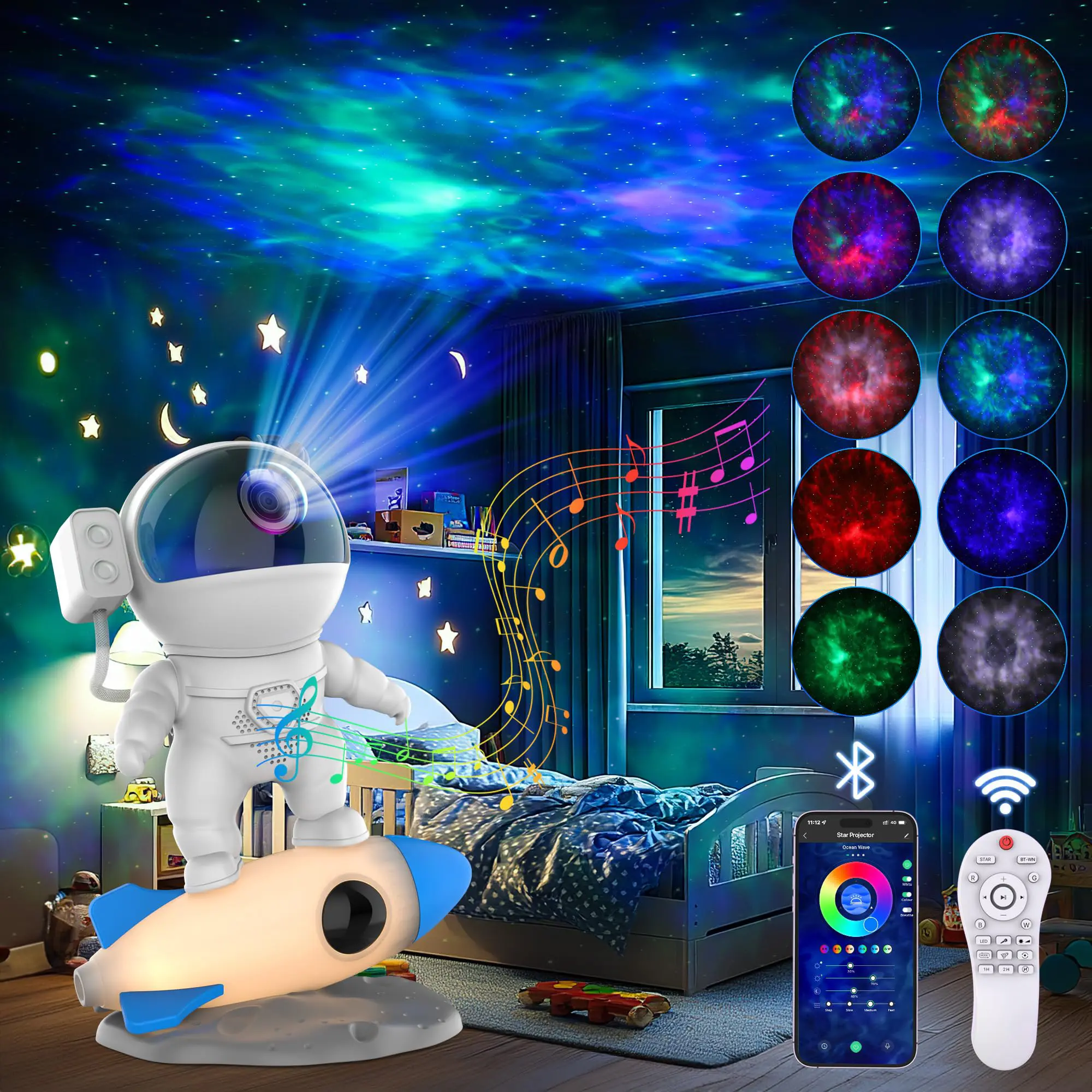 Space Night Light New Planet, Star Projector Galaxy Light with App & Remote Control, White Noises, Bluetooth Speaker, Rocket Night Light for Kids, Ceiling, Gifts, Room Decor, Mother's Day gifts
