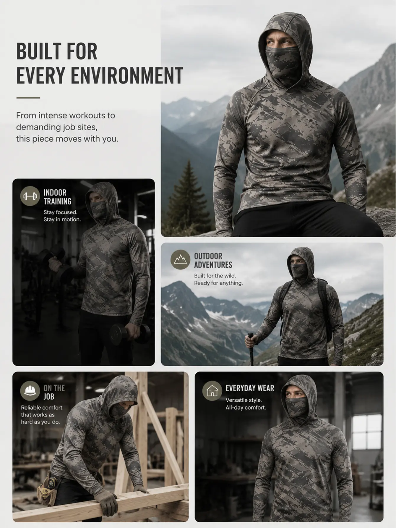 Men’s camouflage balaclava hoodies, 5-pack — UPF sun protection long-sleeve performance workout tactical shirts for outdoor hunting and fishing Men’s camouflage balaclava hoodies, 5-pack — UPF sun protection long-sleeve performance workout tactical shirts for outdoor hunting and fishing