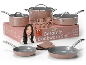 Crystal Kung Minkoff Ceramic Cookware Set – 14-Piece Pots and Pans Set with Lids, Silicone Utensils & Oven Mitts, Nonstick and Non-Toxic, PTFE/PFAS Free, Dishwasher & Stovetop Safe Up to 500°F