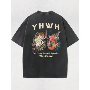 Vintage Washed 100% Cotton Short-Sleeve T-Shirt - YHWH Floral Butterfly & "Every Breath Speaks His Name" Print, Comfortable Loose Fit Casual Tee for All Seasons, T-shirt Stylish, Allseason Apparel, Artistic Print Shirt, Medium Stretch Fabric