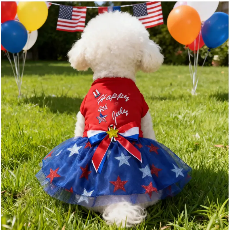 1pc Pet Dog/Cat Universal 4th Of July I LOVE USA Red Knitted Stretchy Color Block Star Print Dress, Fashionable Cute Pet Dress, Celebration Wear, Cute Look