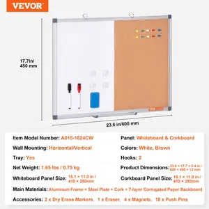 VEVOR 24x18 Whiteboard Cork Board Combo with Aluminum Frame - 2-in-1 Magnetic Dry Erase Bulletin Board for Wall Mount - Ideal for School, Home, Office