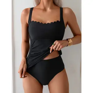 2026 Black Modest Two-Piece Swimsuit for Women Tummy Control Slimming Swimsuit with Ruffled Neckline and Straps Summer Beach Swimwear