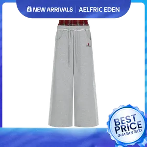 Aelfric Eden Women's Double Waist Plaid Patchwork Cotton SweatPants Baggy Wide Leg Long Pants with Pockets Fitted Casual Bottoms