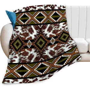 Brown Cowhide Western Blanket Aztec Southwestern Throw Blanket Soft Warm Cozy Flannel Fuzzy Plush Tribal Navajo Southwest Flannel Blankets Gifts for Girls Women Boys Kids Adults