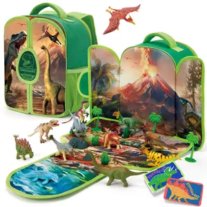 Hahaland Portable Dinosaur Backpack Play Set with Foldable 3D Mat for Prehistoric Play，Dinosaur Toys for Kids 3-5Year Old ， Open Ended Toys for Christmas Birthday Easter Gifts