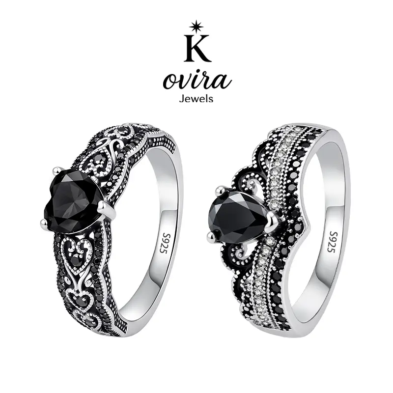 Kovira S925 Sterling Silver Vintage Black Obsidian Rings for Women - Heart/Crown Designed, Dark Feminine Protection Amulet, Elegant Statement Ring, Dark Romance Jewelry Gift, Elegant Ring
