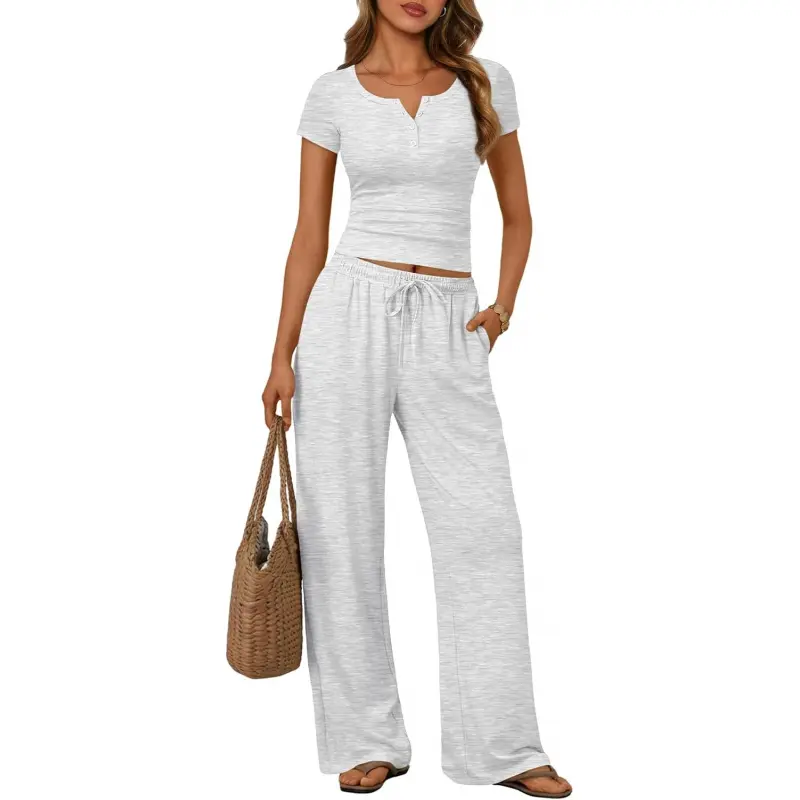 Women's 2 Piece Matching Lounge Sets Summer Henley Neck Slightly Crop Top Wide Leg Pants Casual Sweat Suit