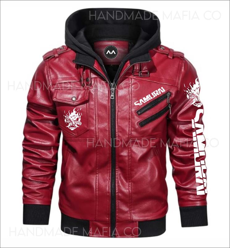 Premium Red Cyberpunk 2077 Samurai Gaming Leather Jacket Removable Hood- Best Gift Menswear Coats