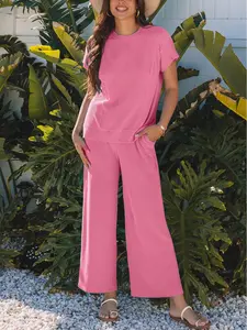Women's Solid Corded Knit Short Sleeve T-Shirts Wide Leg Pants Sets Summer Casual Two Piece Outfits Fashion Ribbed Pullover Tops Elegant Matching Sweatsuits Cozy Lounge Wear Streetwear Apparel Travel Clothing