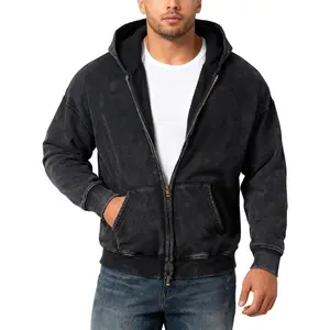 Acid Wash Oversized Zip Up Hoodie, Heavyweight Cotton Fleece Jacket, Vintage Sweatshirt for Women