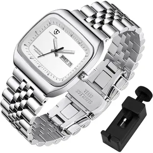 Mens Watch, Luxury Rectangular Watches for Men,  Analog Quartz Watch with Stainless Steel Band, Luminous Hands, Date & Day Display -   for Men
