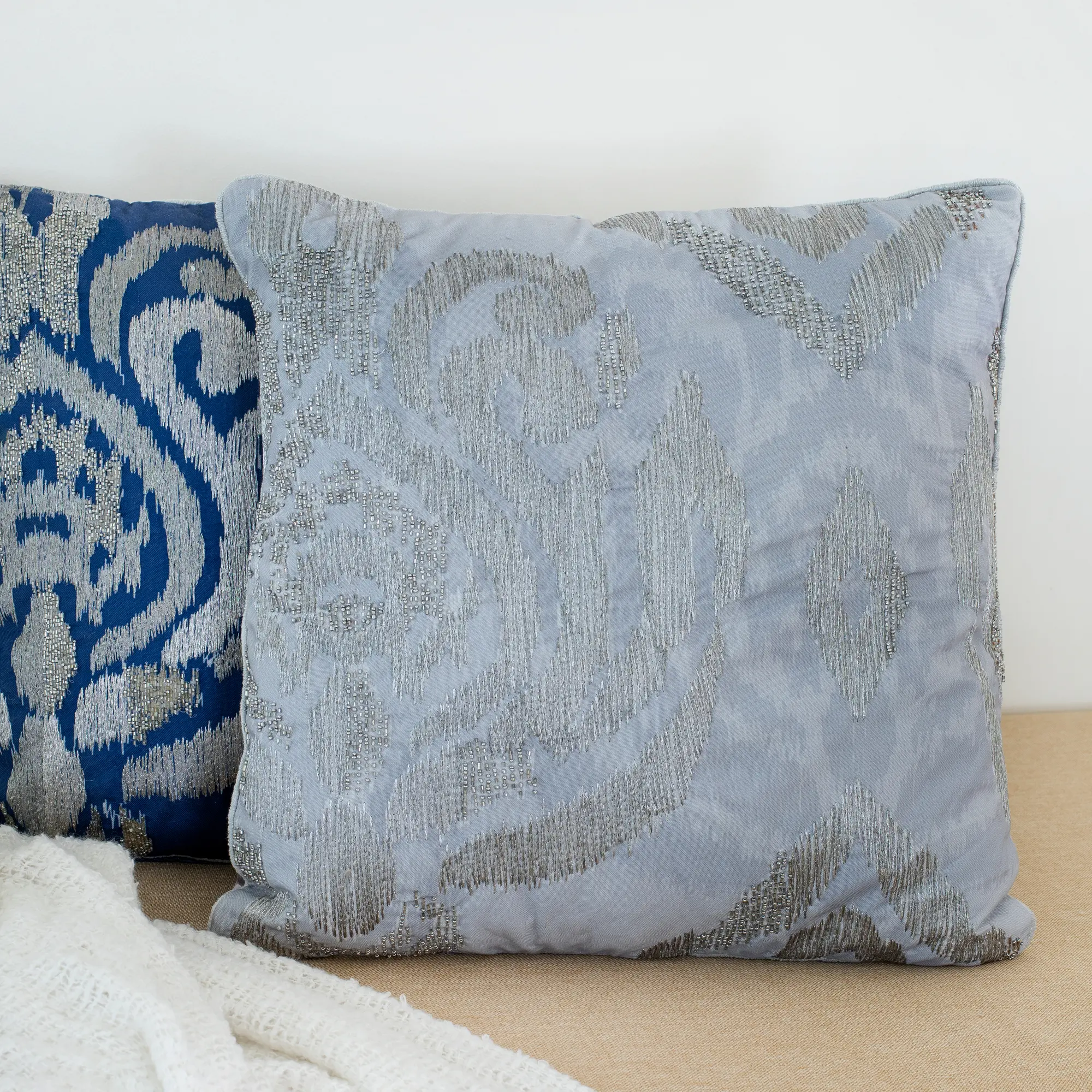Abstract Ikat Throw Pillow – 20" x 20", Soft Polyester Blend – Glam Modern Décor (Silver/Gray, Blue/Silver)