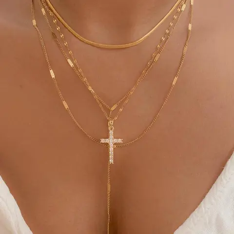Minimalist Elegant Plain Color Cross Charm Decor Pendant Necklace & Tassel Design Rhinestone Inlaid Necklace, 4 Counts Temperament Necklaces, Fashion Jewelry for Party, Daily Clothing Decor